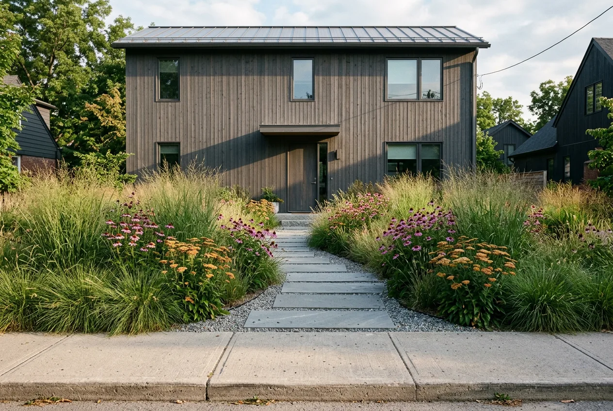 A contemporary front yard: loose drifts of ornamental grasses and coneflowers threaded with a permeable sawn-stone path, in front of a timber-clad house