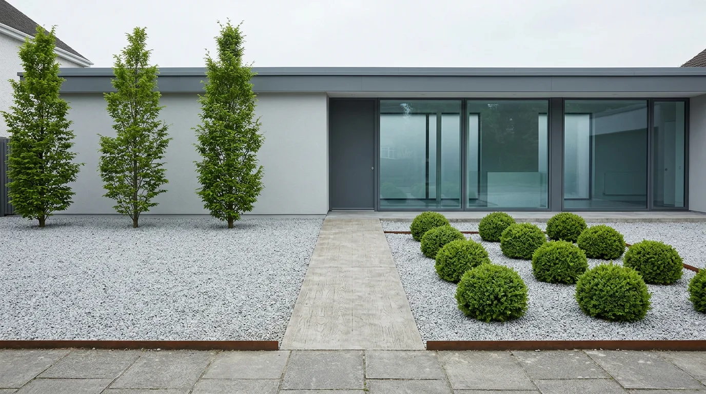 A minimalist modern front yard: a board-formed concrete path crossing pale grey gravel, with a repeated grid of small-leaved clipped evergreen mounds and three upright hornbeams against a flat-roofed rendered house