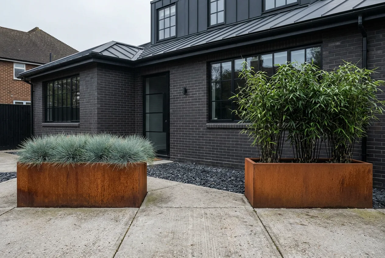 An industrial modern front yard: weathered steel planters and a poured concrete walk against a dark brick house, planted only with blue fescue and black bamboo