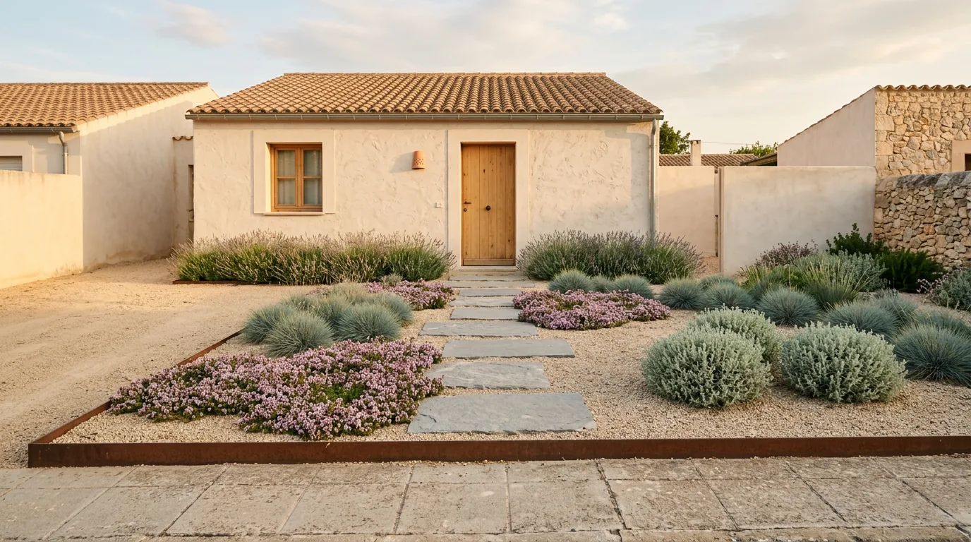A no-grass front yard: drifts of creeping thyme and blue fescue between pale decomposed granite and large sawn stone stepping pads, leading to the door of a single-storey house