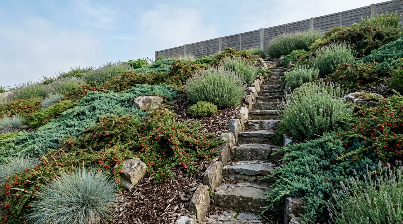 A planted hillside garden with groundcovers and ornamental grasses holding a sloped yard