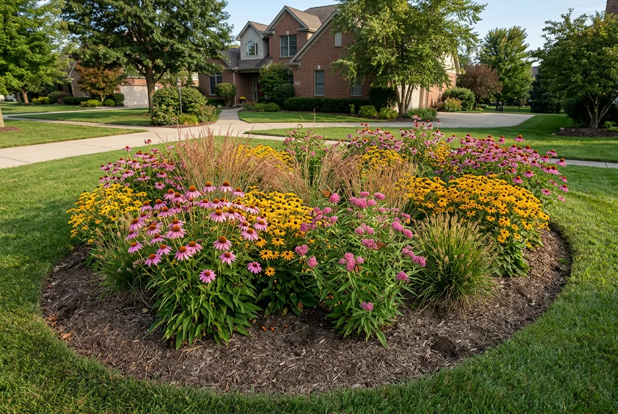 A mature rain garden in a front lawn in late-summer bloom, planted with purple coneflower, black-eyed Susan, swamp milkweed, little bluestem and fox sedge inside a shallow mulched basin