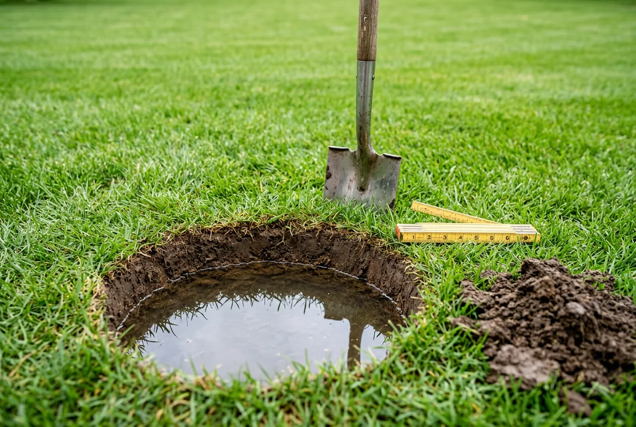 A six-inch test hole dug in a lawn and filled to the brim with water, with a spade and a folding rule beside it, used to check whether soil drains fast enough for a rain garden