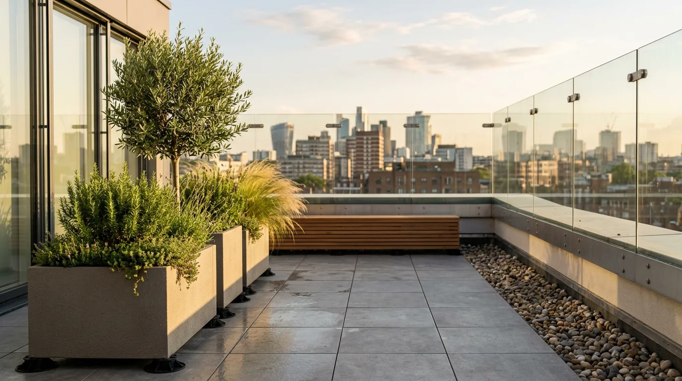 Flat roof garden with container plants, seating area, and city skyline backdrop