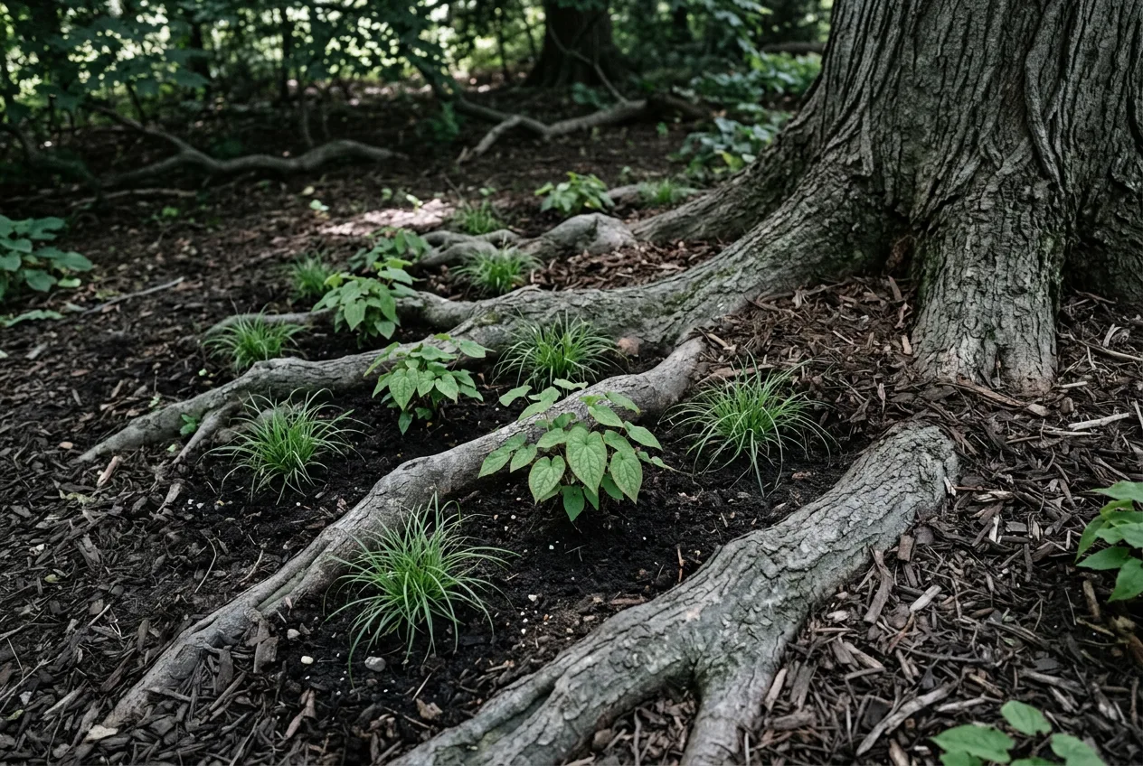 Dry shade under a mature maple: exposed surface roots with small hand-dug planting pockets between them, each holding a young epimedium or Pennsylvania sedge, and a thin bark mulch layer over the rest
