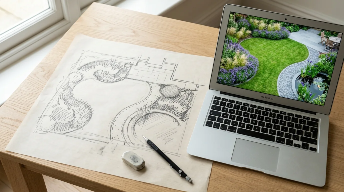 Hand-drawn garden sketch ready to be converted into a photorealistic render