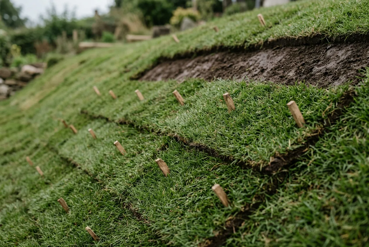 Sod strips laid horizontally across a sloping earth bank, each strip pinned through with plain wooden stakes that are pulled out once the turf has rooted