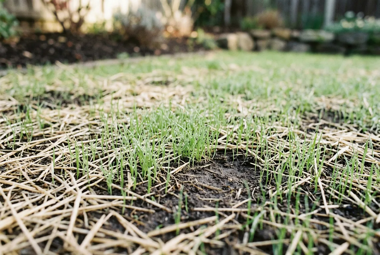 A newly seeded lawn two weeks after sowing, with fine green grass seedlings pushing up unevenly through a thin layer of pale straw mulch over damp brown soil