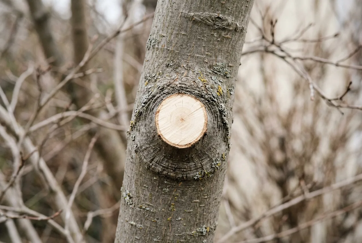 A freshly cut branch stub on a bare grey tree trunk, the cut made just outside the raised ring of the branch collar rather than flush with the trunk
