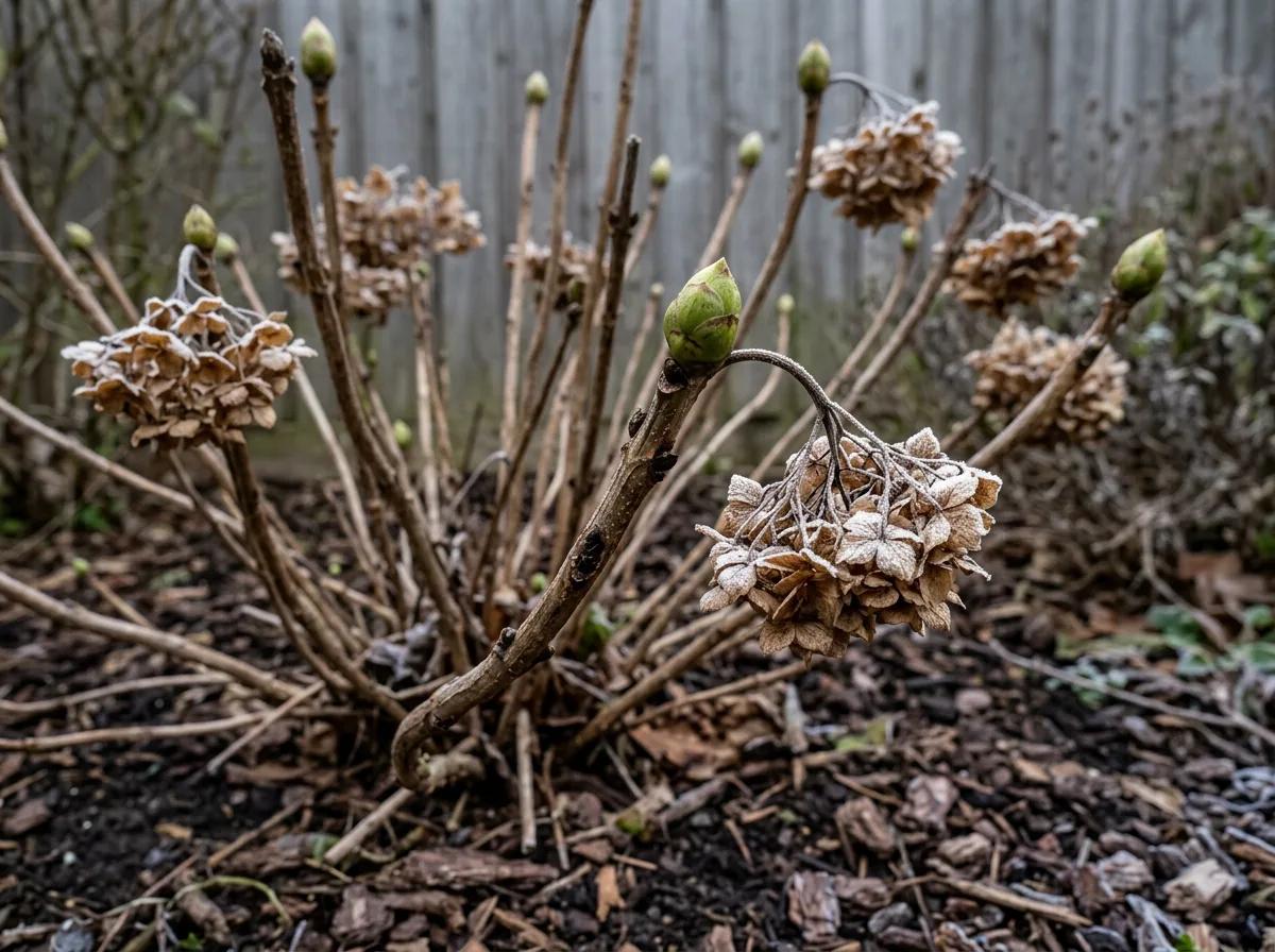 A bigleaf hydrangea in winter with its dried brown mophead flowerheads still standing on bare stems, each stem tipped with a fat green flower bud
