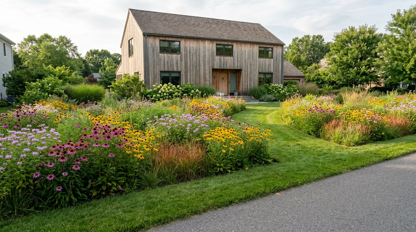 A suburban front-garden meadow of purple coneflower, black-eyed Susan, wild bergamot and little bluestem with a wide mown grass path curving through it and a crisply mown strip along the pavement edge