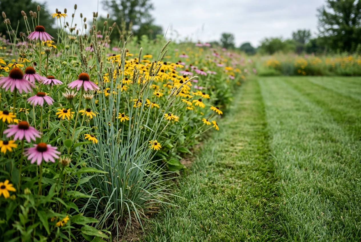 Close view of the boundary between a tall wildflower meadow and a neighbouring short lawn, separated by a narrow strip of freshly mown grass