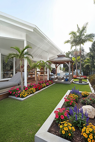 backyard with lush green grass covering the ground. At the center, place a wooden gazebo with com...