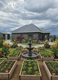 Create a space for a kitchen garden and water fountain 
