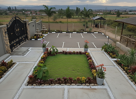  5 Parking slots and 3 royal palm trees and 2 water fountains 
