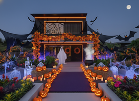 Pumpkins: Numerous pumpkins and carved jack-o'-lanterns are scattered across the steps and porch ...