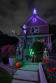 A very tall Jack Skellington (from The Nightmare Before Christmas), wearing his pinstripe suit an...