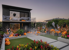 A Halloween landscaping design for this space and house 