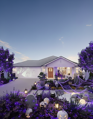 Give a Halloween landscaping design for this space and house 
