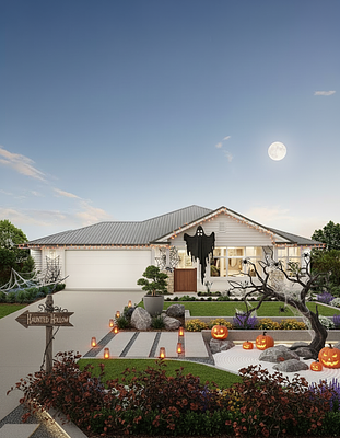A Halloween landscaping design for this space and house 