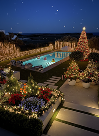 Create a Christmas landscaping design for this space and swimming pool night time 