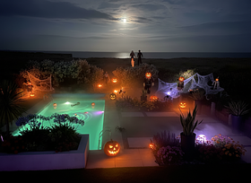 A Halloween landscaping design for this space and swimming pool 