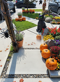 Generate a Halloween landscaping design for this space and pathway 