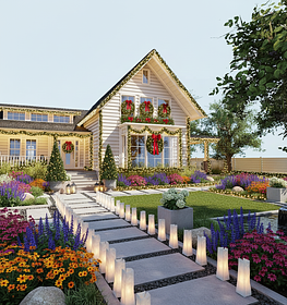 Here is a Christmas landscaping design plan for your beautiful white house, focusing on classic, ...