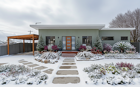 A winter landscaping design for this space and house with cone trees and winter flowers 