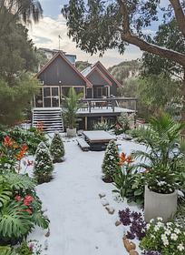 Winter season: A winter landscaping design for this space and house. Cone trees along the path an...