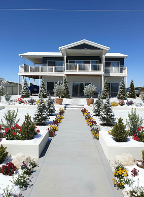 Winter season: A landscaping design for this space and house. 15 cone trees. 35 flowers along the...