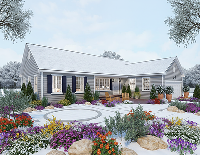 Winter season. A winter landscaping design for this space and house. Replace all existing flowers...