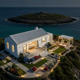 Convert to a night view and add minimal warm yellow lights in the compound 