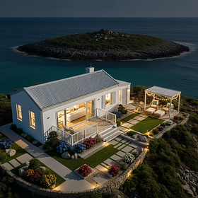 Convert to a night view and add minimal warm yellow lights in the compound