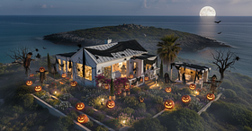 Redecorate the scene into a haunted Halloween look.